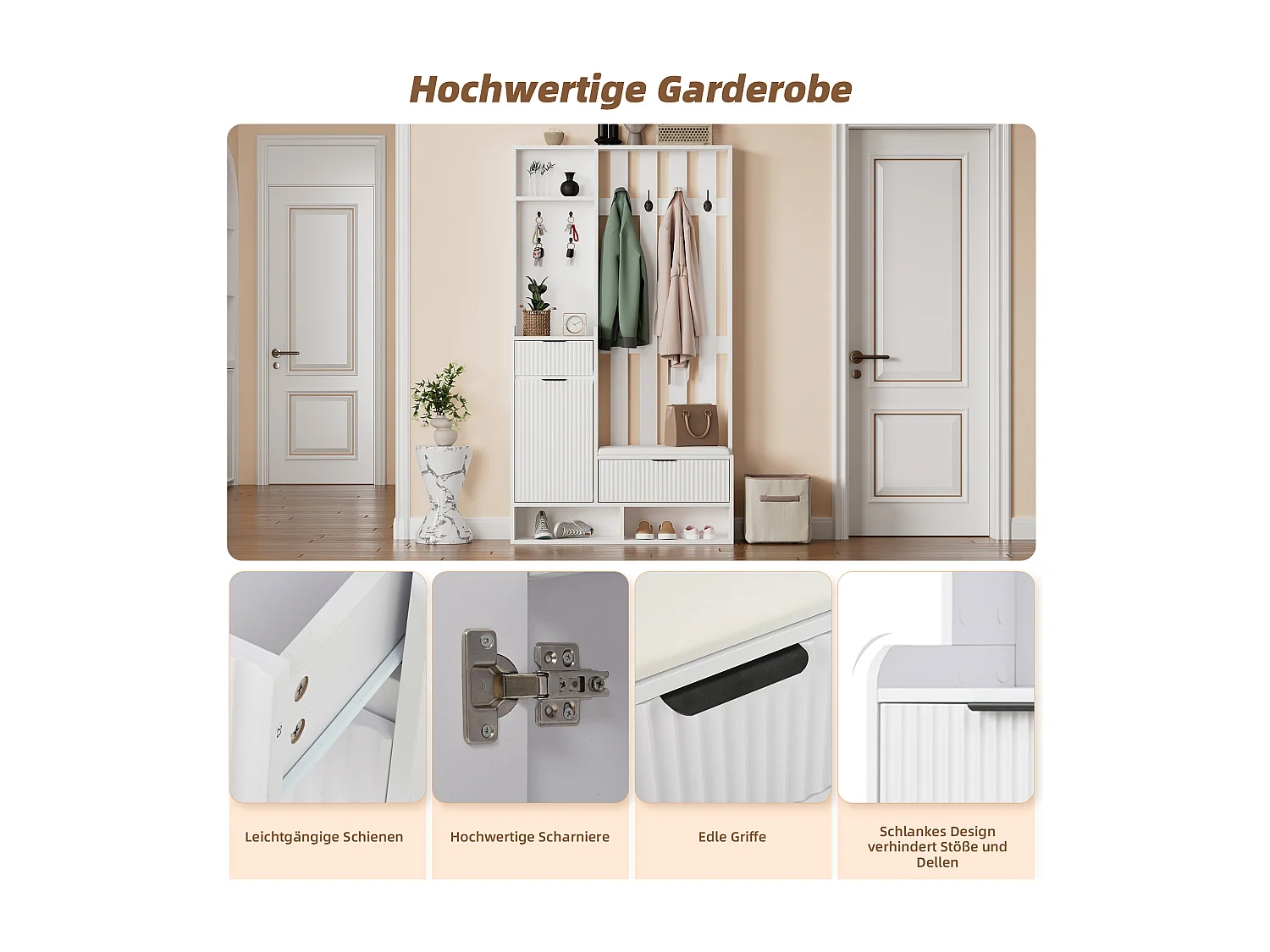 Wieszak 6 w 1 - 100 x 30 x 180 cm - z 8 haczykami + ławka na buty + szuflady - płyta wiórowa - biały