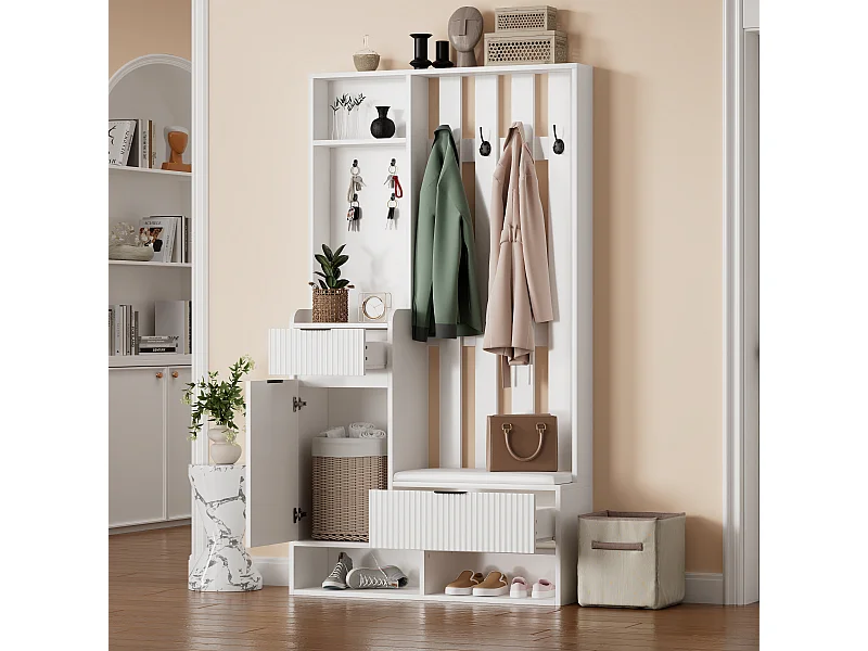 Wieszak 6 w 1 - 100 x 30 x 180 cm - z 8 haczykami + ławka na buty + szuflady - płyta wiórowa - biały