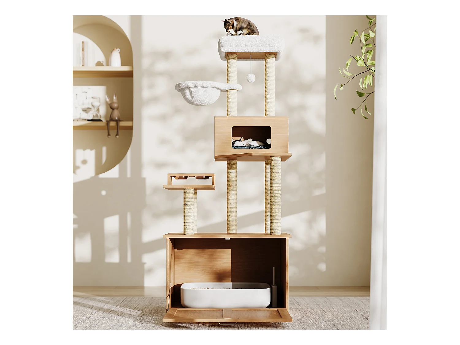 Arbre à chat - 80 x 50 x 170 cm - avec plateforme + mangeoire + 1 hamac - MDF - naturel