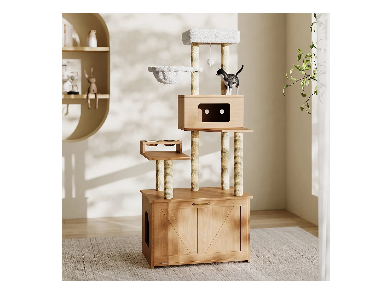 Arbre à chat - 80 x 50 x 170 cm - avec plateforme + mangeoire + 1 hamac - MDF - naturel