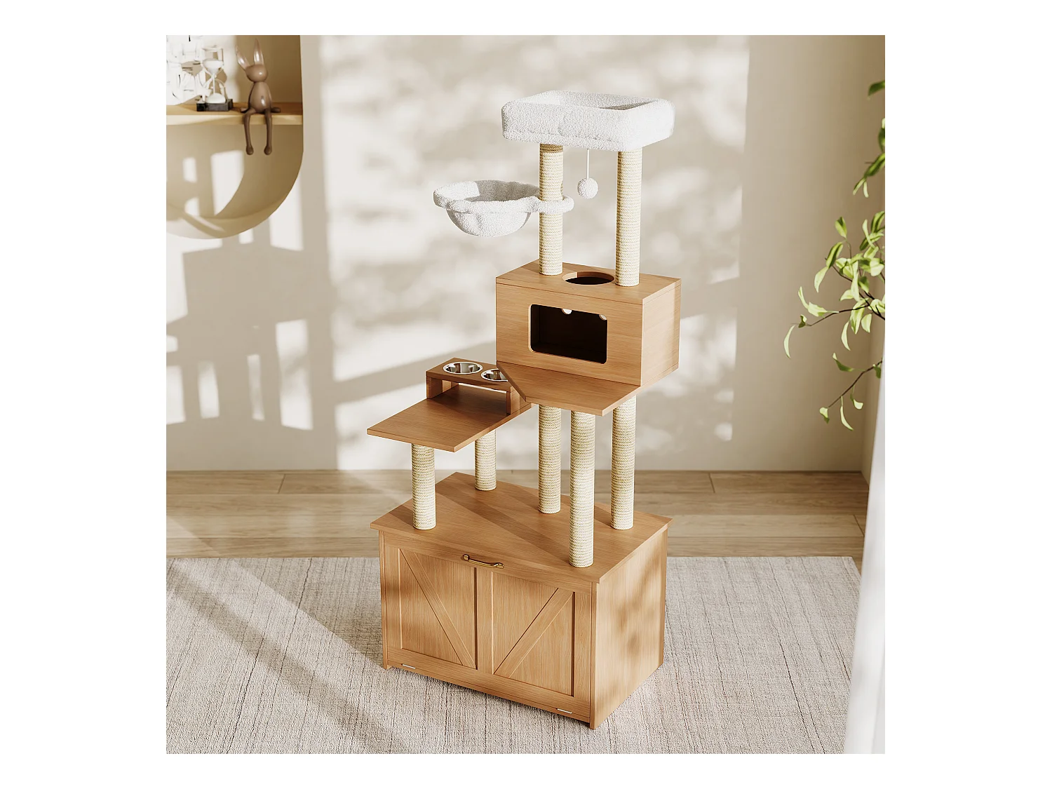 Arbre à chat - 80 x 50 x 170 cm - avec plateforme + mangeoire + 1 hamac - MDF - naturel