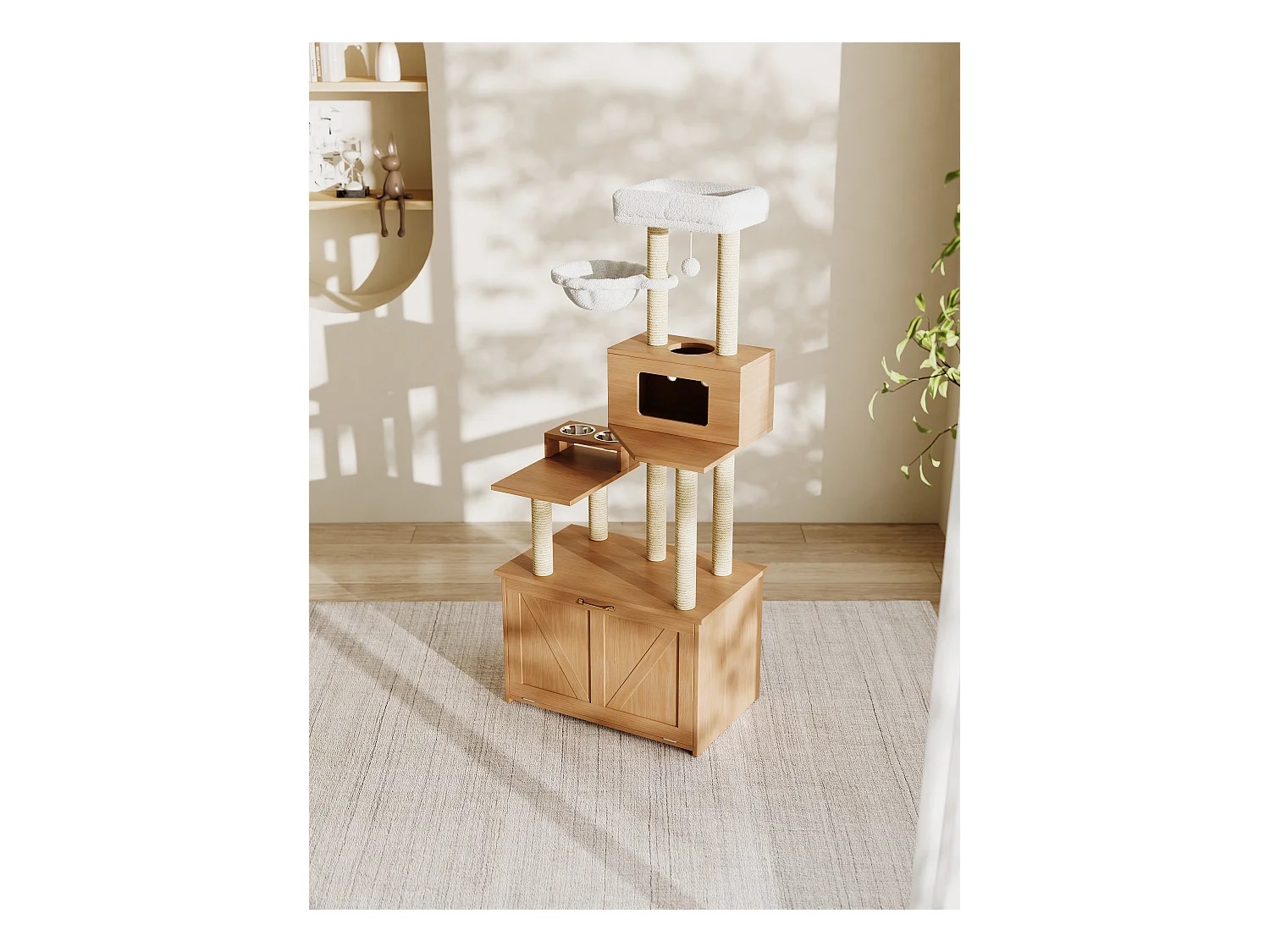 Arbre à chat - 80 x 50 x 170 cm - avec plateforme + mangeoire + 1 hamac - MDF - naturel