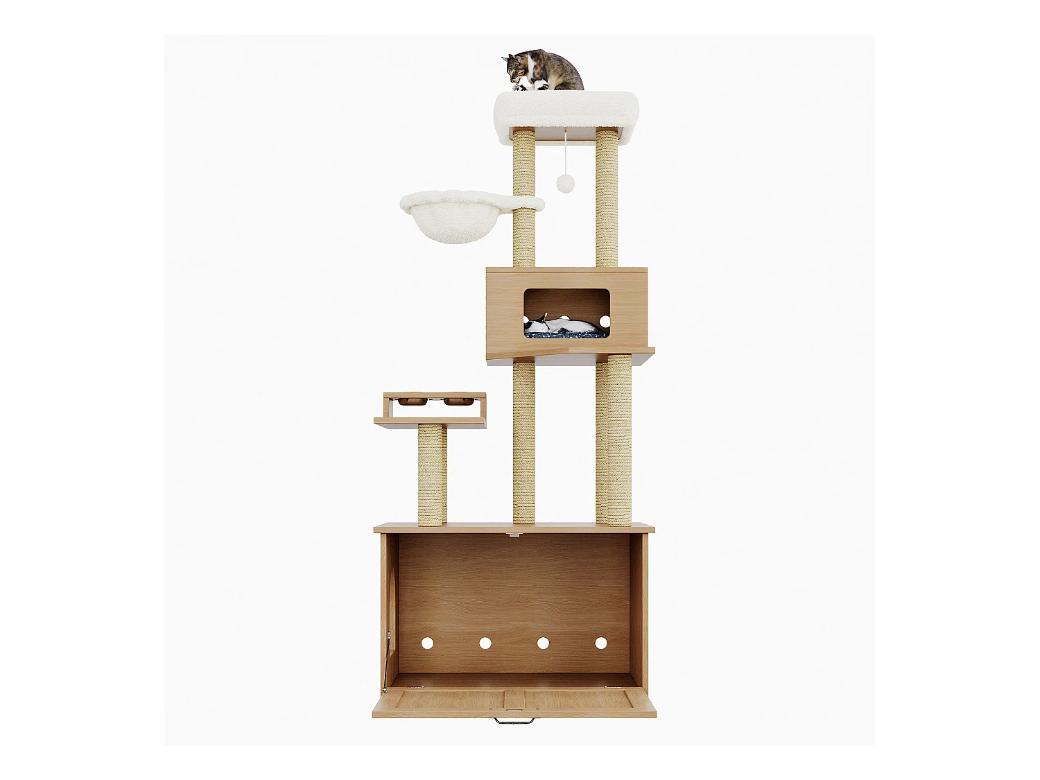 Arbre à chat - 80 x 50 x 170 cm - avec plateforme + mangeoire + 1 hamac - MDF - naturel
