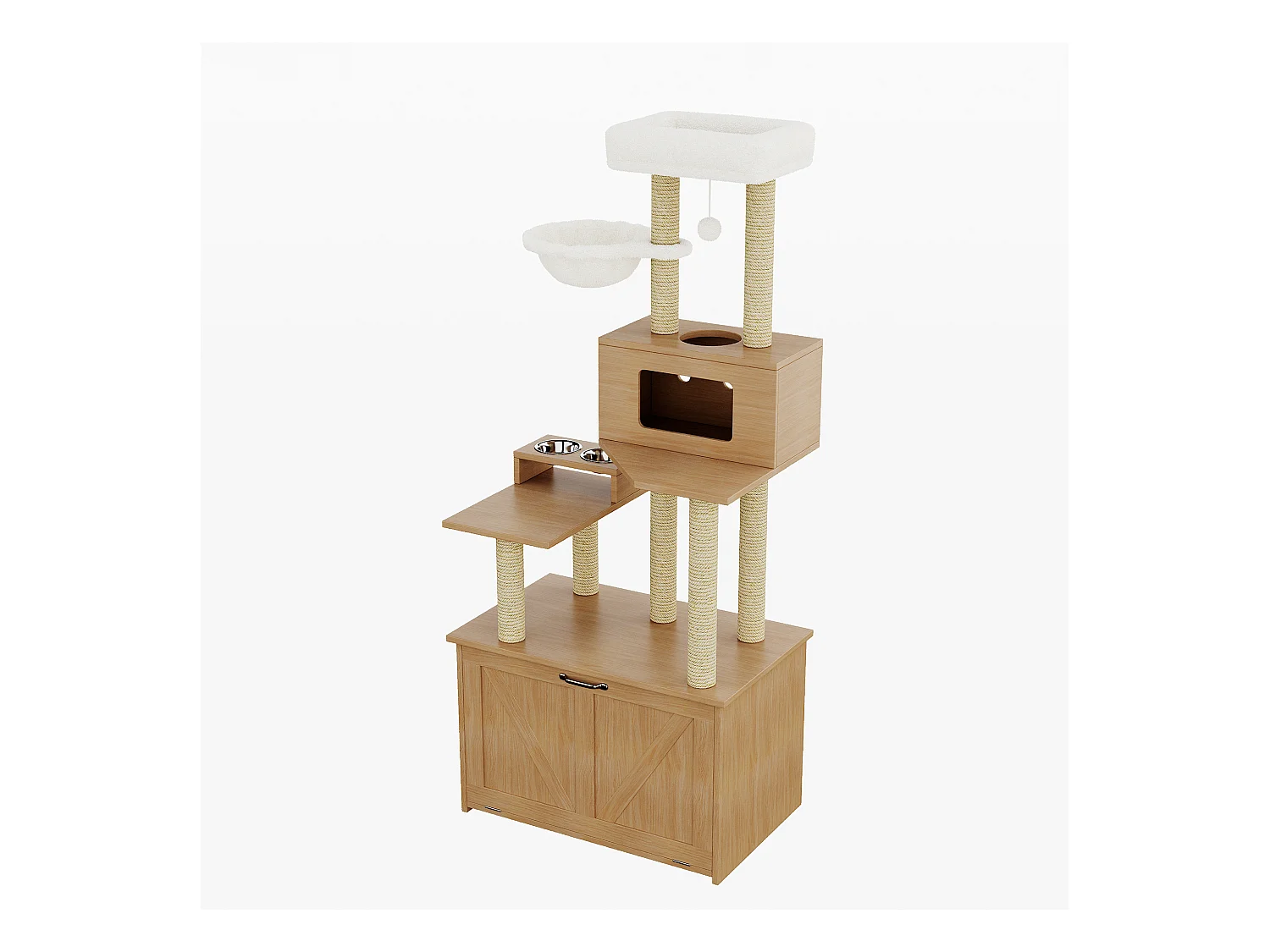 Arbre à chat - 80 x 50 x 170 cm - avec plateforme + mangeoire + 1 hamac - MDF - naturel