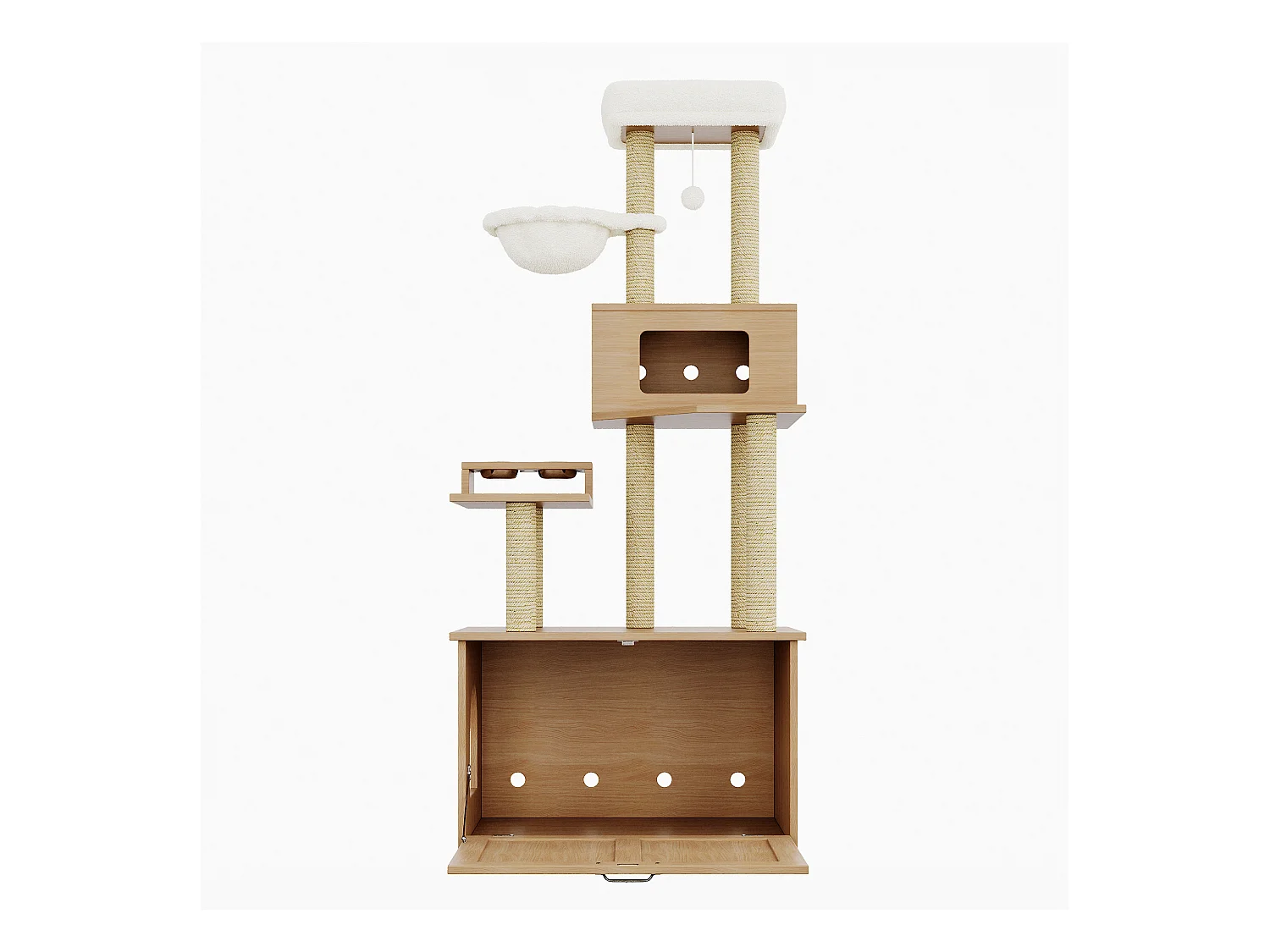 Arbre à chat - 80 x 50 x 170 cm - avec plateforme + mangeoire + 1 hamac - MDF - naturel