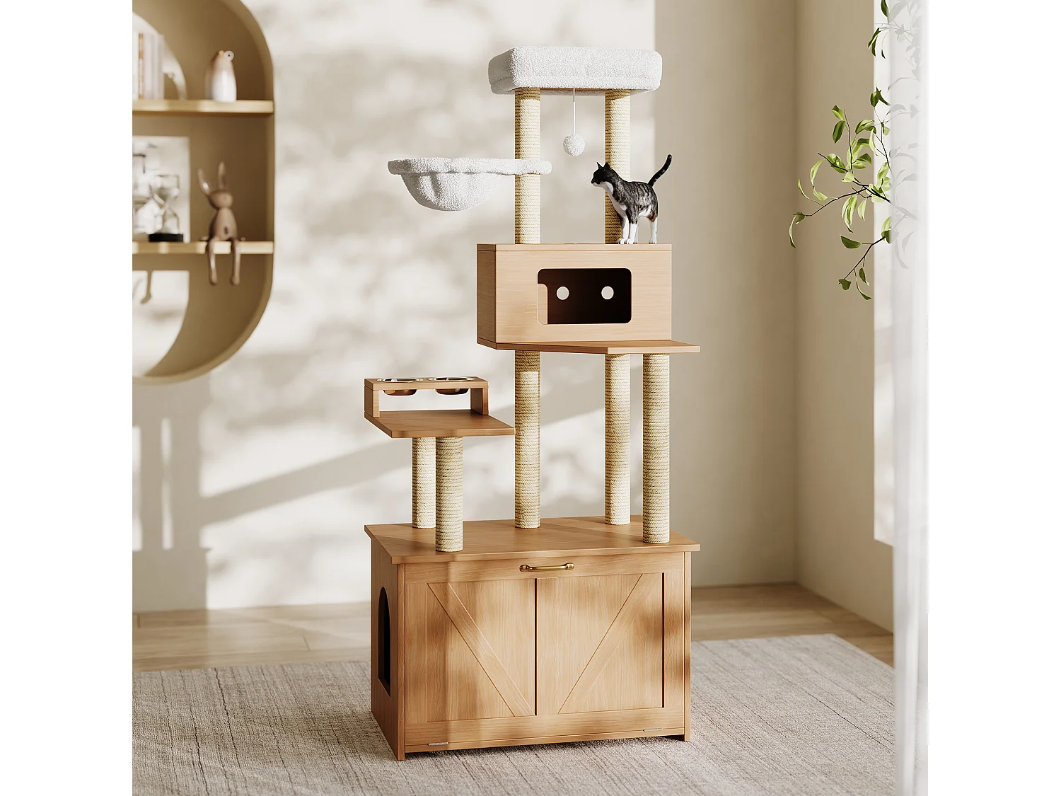 Tiragraffi - 80 x 50 x 170 cm - con piattaforma + mangiatoia + 1 amaca - MDF - naturale