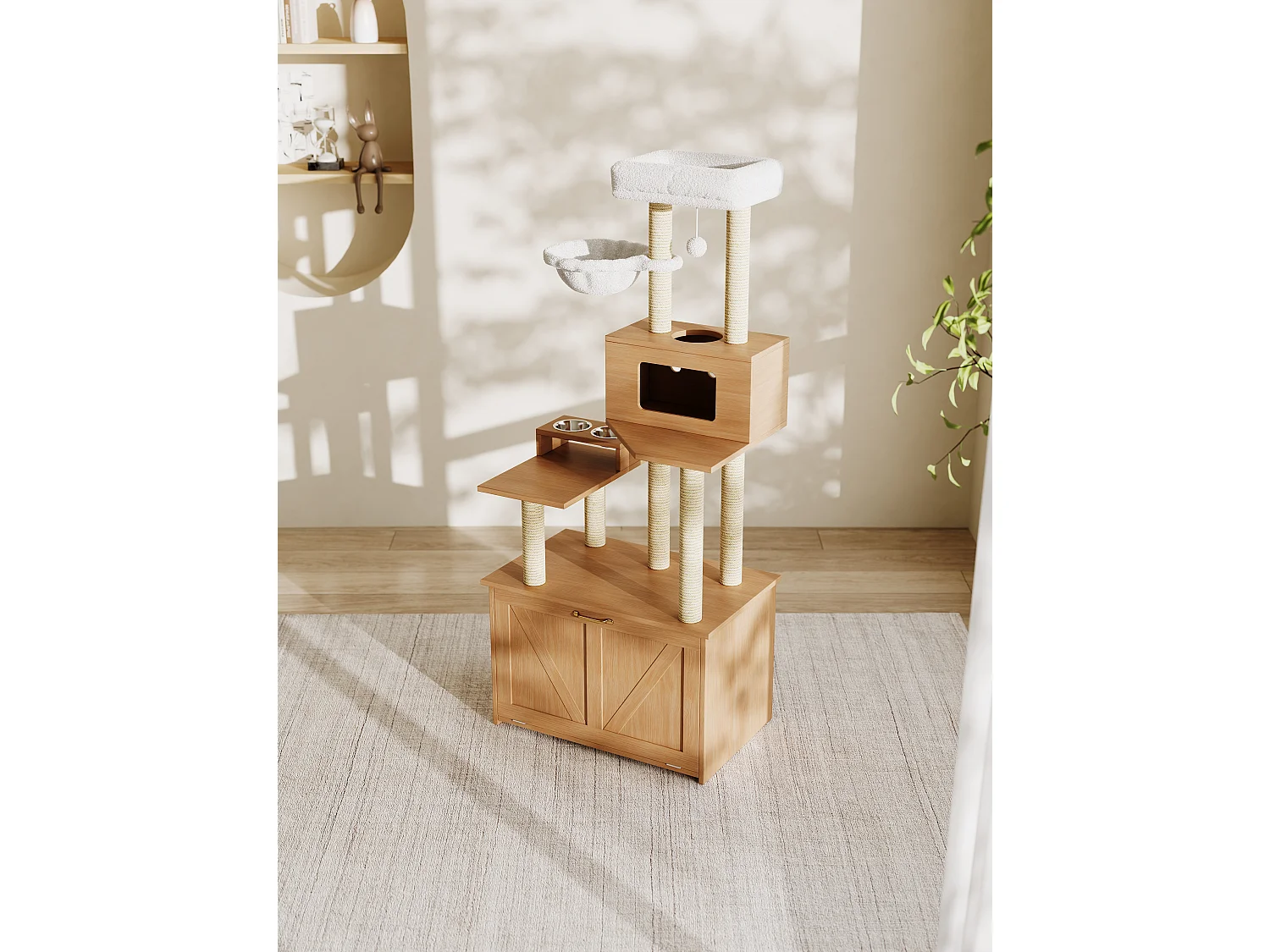 Tiragraffi - 80 x 50 x 170 cm - con piattaforma + mangiatoia + 1 amaca - MDF - naturale