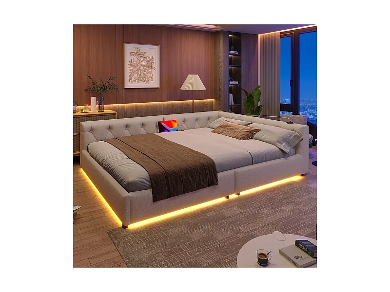 Kinderschlafsofa - 140 x 200 cm - mit LEDs + Kopfteil + USB + Typ-C - Leinen - Beige