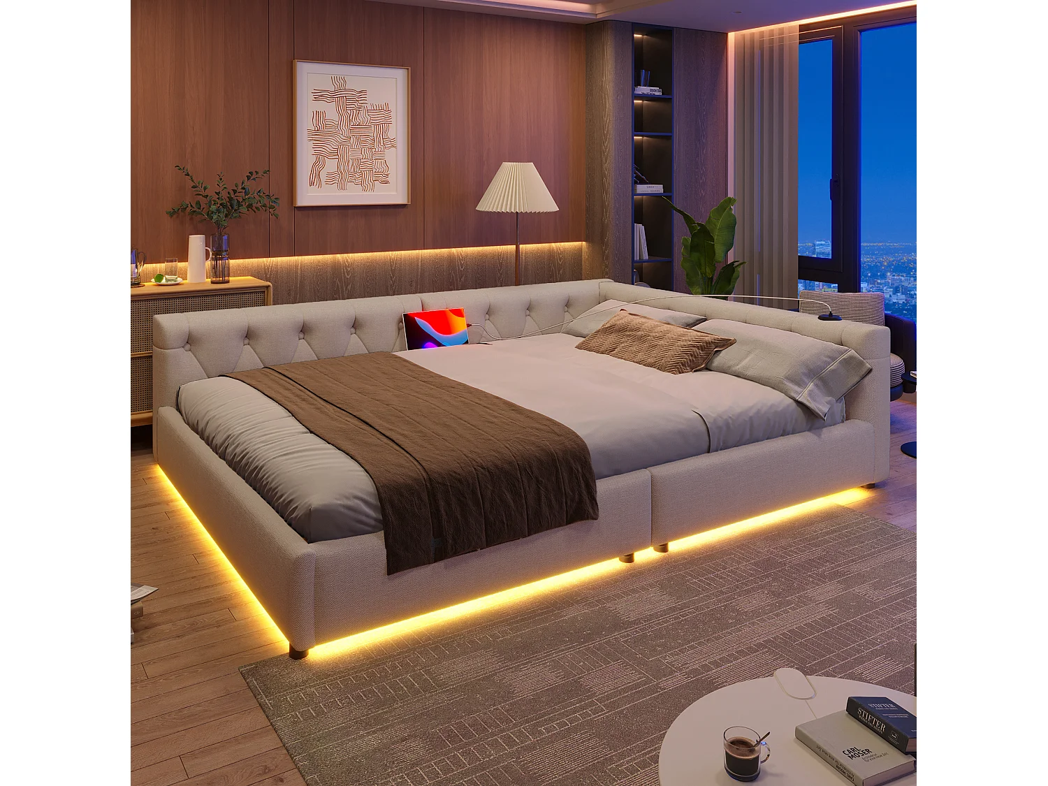 Canapé-lit enfant - 140 x 200 cm -  avec Leds + tête de lit + USB + Type-C - lin - beige