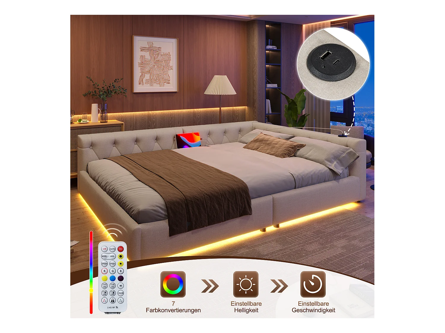 Canapé-lit enfant - 140 x 200 cm -  avec Leds + tête de lit + USB + Type-C - lin - beige