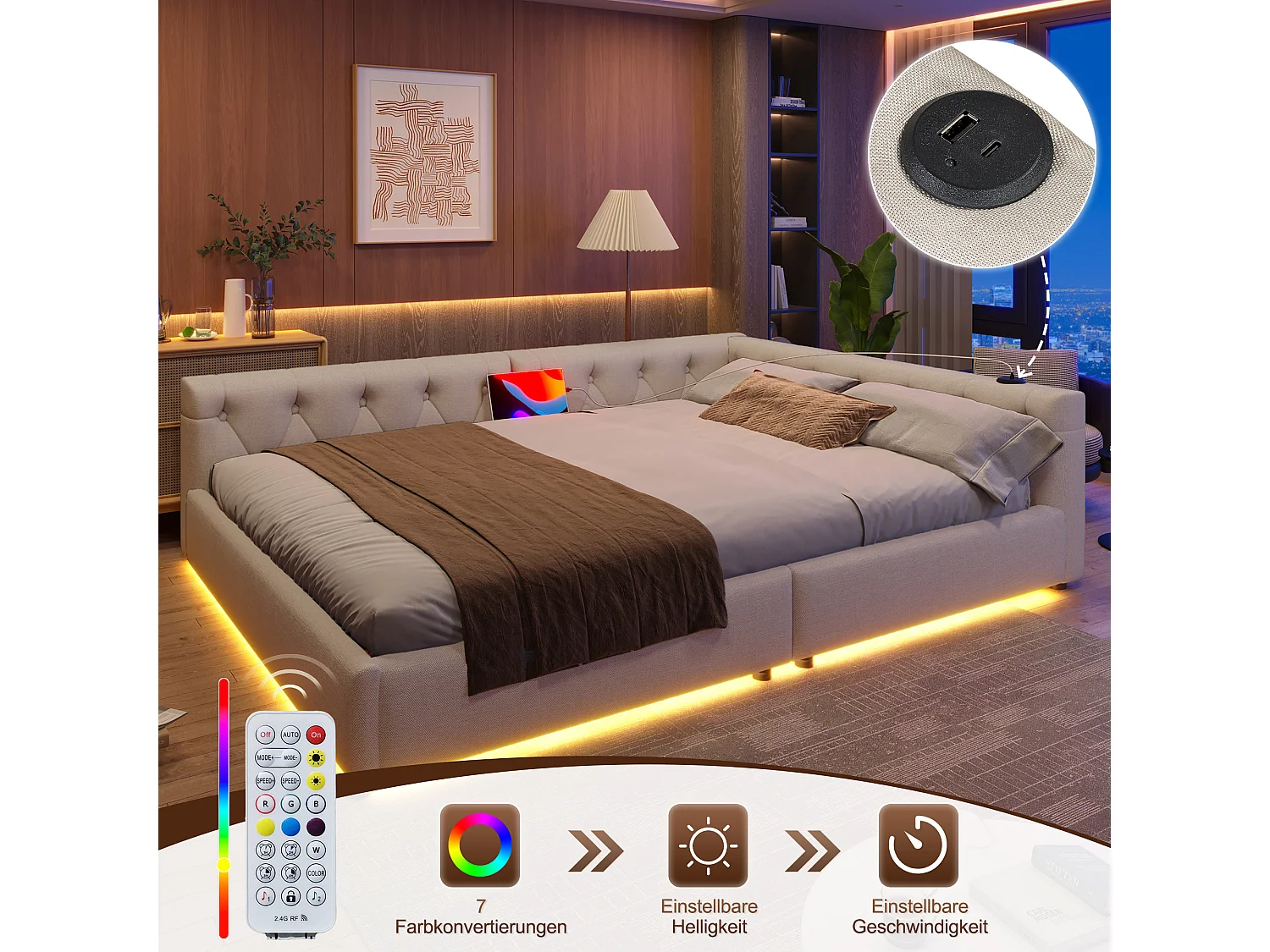 Kinderschlafsofa - 140 x 200 cm - mit LEDs + Kopfteil + USB + Typ-C - Leinen - Beige