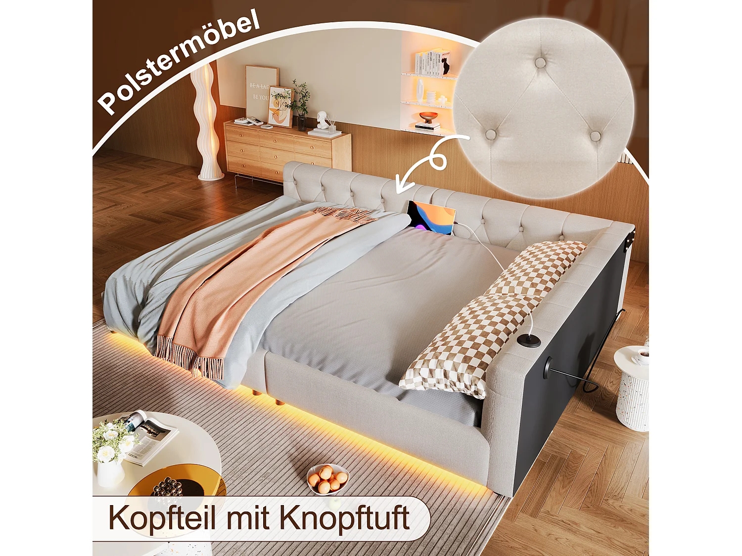 Kinderschlafsofa - 140 x 200 cm - mit LEDs + Kopfteil + USB + Typ-C - Leinen - Beige