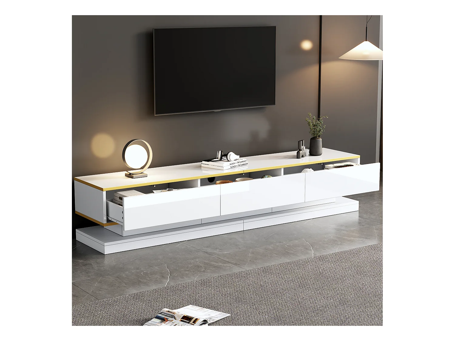 Hochglanz-TV-Schrank - 200 x 40 x 40 cm - mit 3 Schubladen - freistehender Fernsehschrank - Spanplatte - weiß