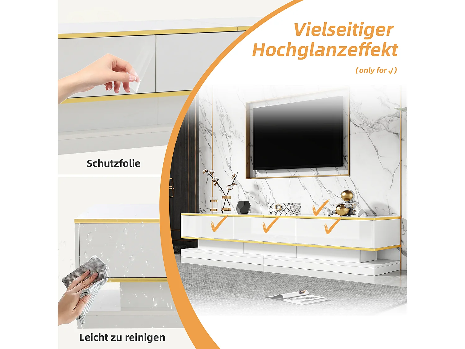 Hochglanz-TV-Schrank - 200 x 40 x 40 cm - mit 3 Schubladen - freistehender Fernsehschrank - Spanplatte - weiß