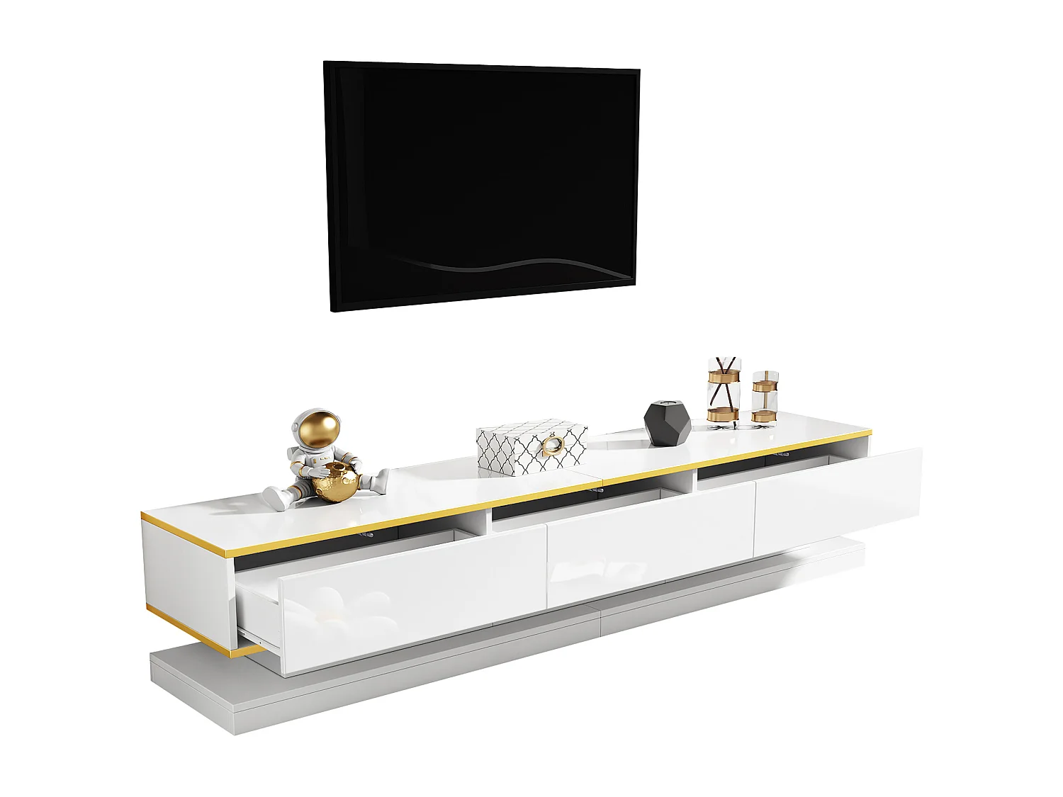 Hochglanz-TV-Schrank - 200 x 40 x 40 cm - mit 3 Schubladen - freistehender Fernsehschrank - Spanplatte - weiß