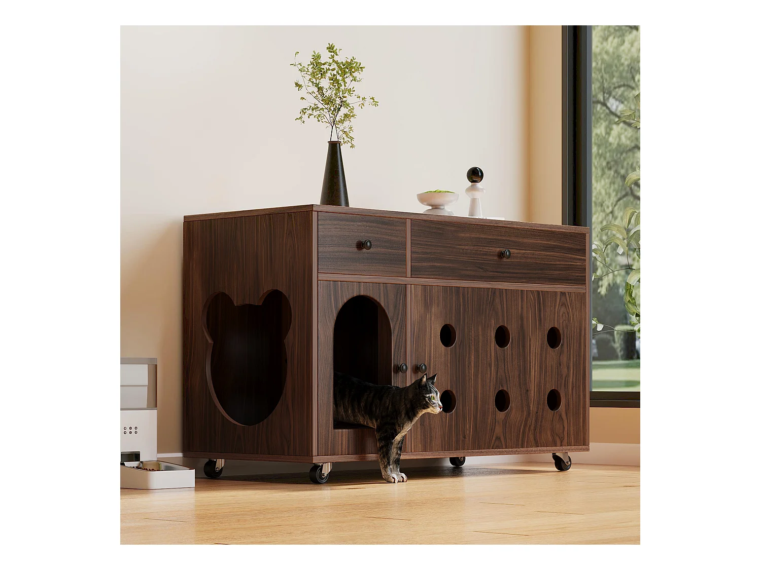 Buffet à roulettes - 100 x 45 x 66 cm - avec bac à sable amovible + isolation des odeurs - MDF - marron foncé