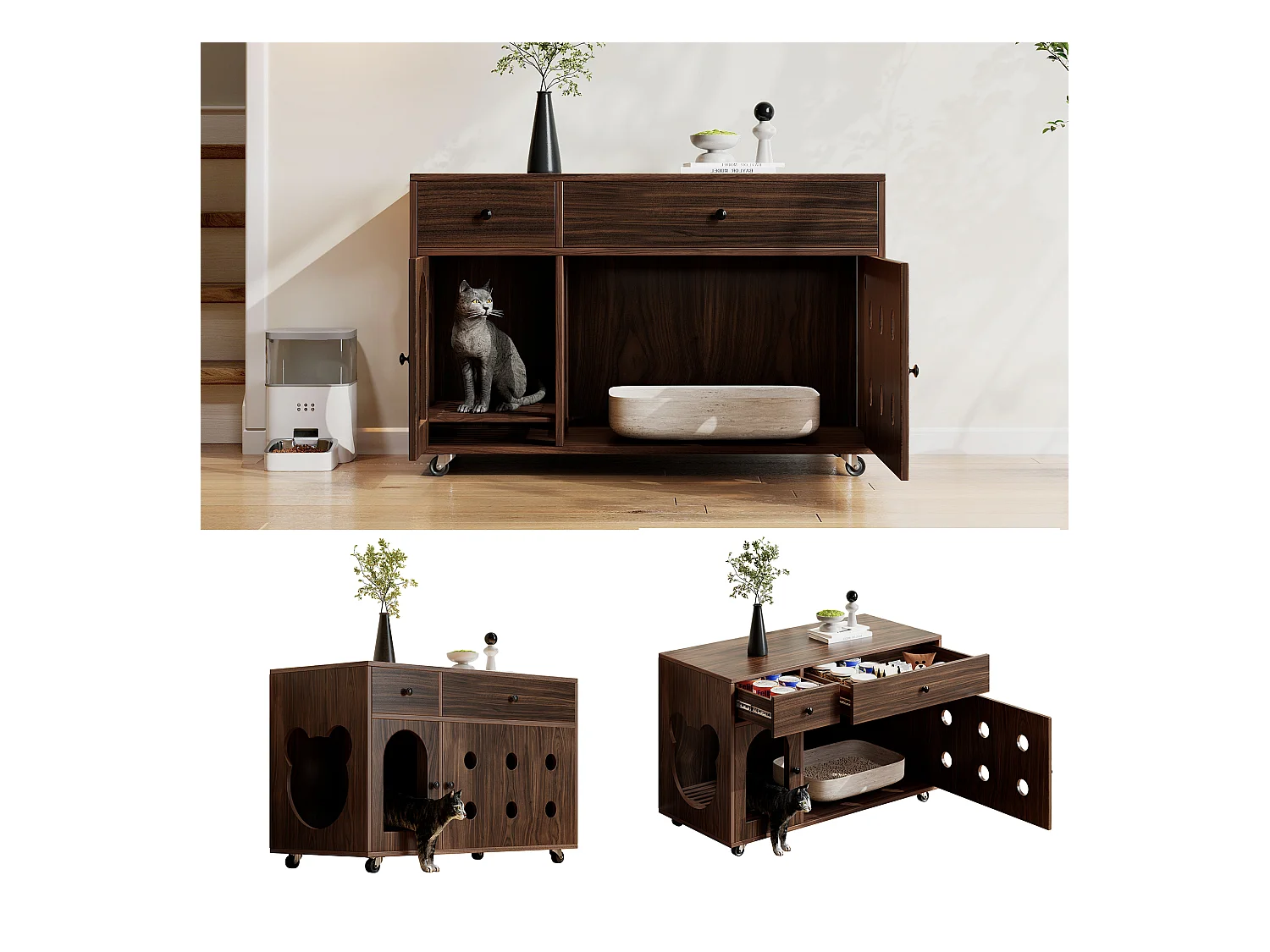 Buffet à roulettes - 100 x 45 x 66 cm - avec bac à sable amovible + isolation des odeurs - MDF - marron foncé