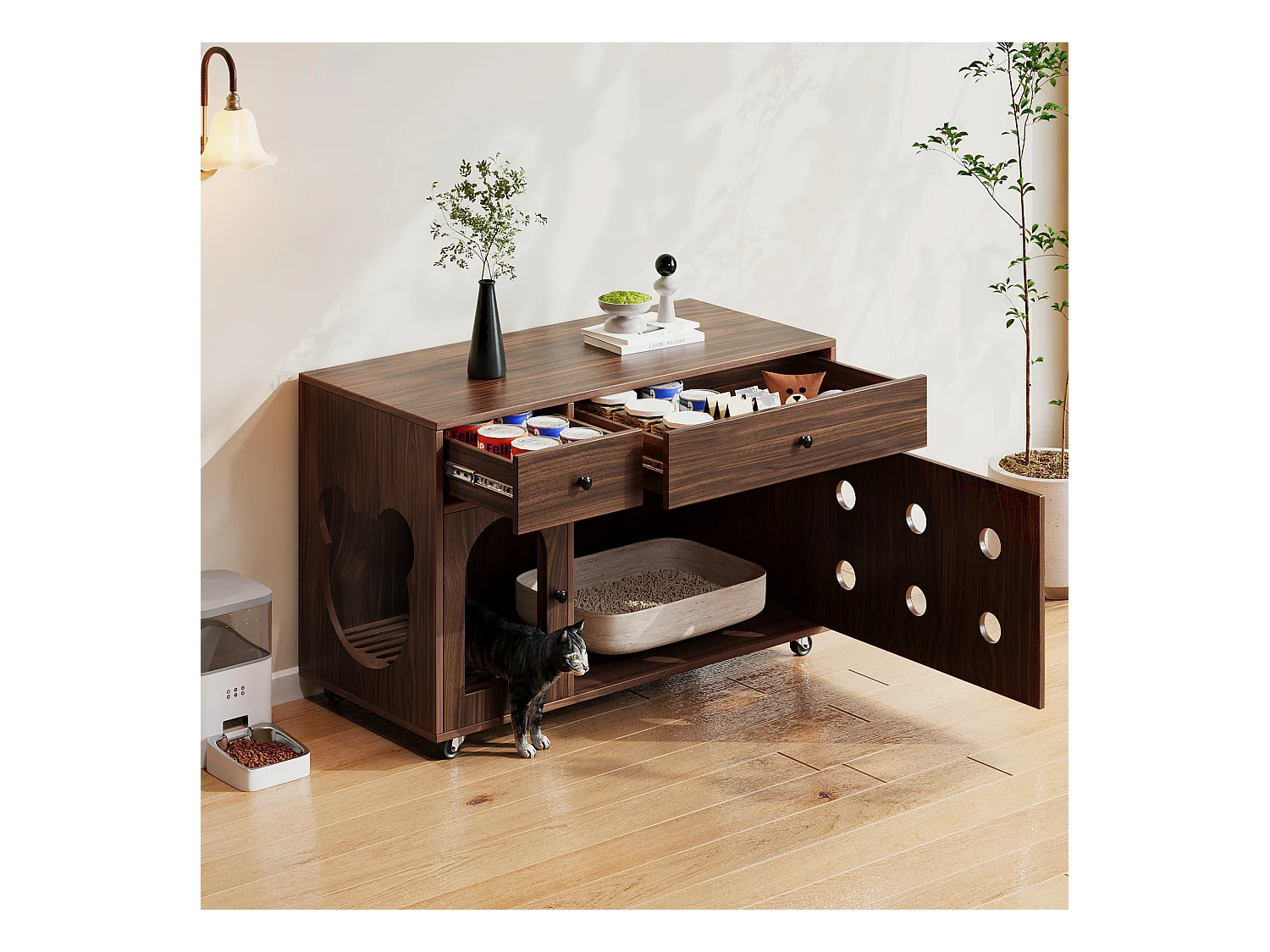 Buffet à roulettes - 100 x 45 x 66 cm - avec bac à sable amovible + isolation des odeurs - MDF - marron foncé