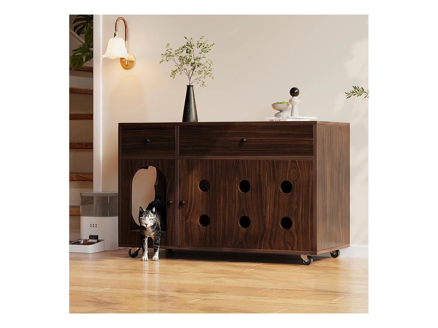 Buffet à roulettes - 100 x 45 x 66 cm - avec bac à sable amovible + isolation des odeurs - MDF - marron foncé