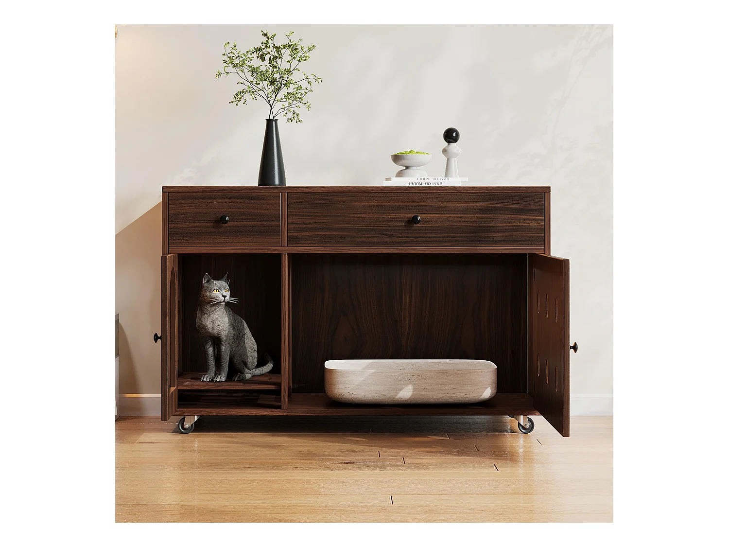 Buffet à roulettes - 100 x 45 x 66 cm - avec bac à sable amovible + isolation des odeurs - MDF - marron foncé