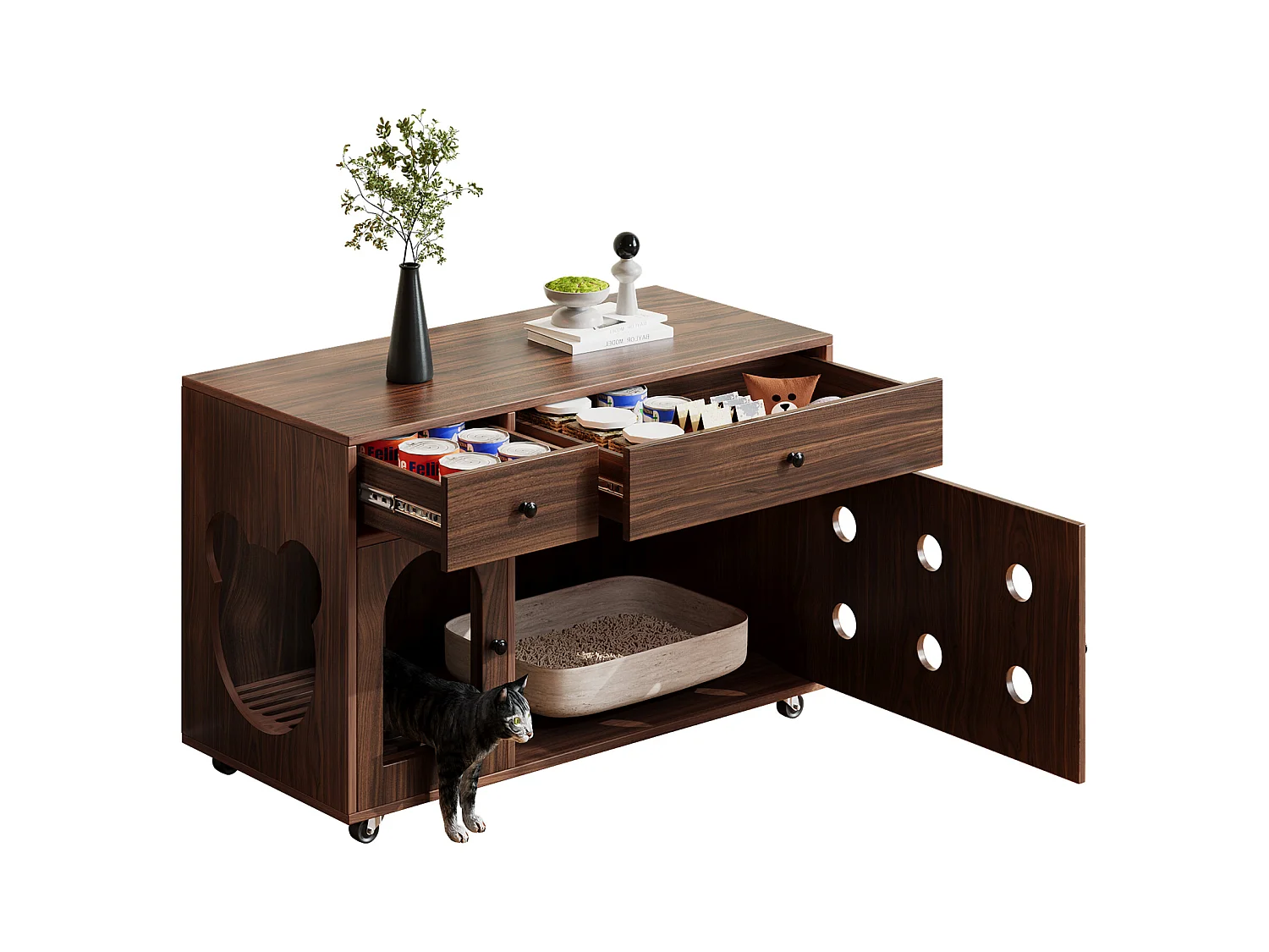 Buffet à roulettes - 100 x 45 x 66 cm - avec bac à sable amovible + isolation des odeurs - MDF - marron foncé