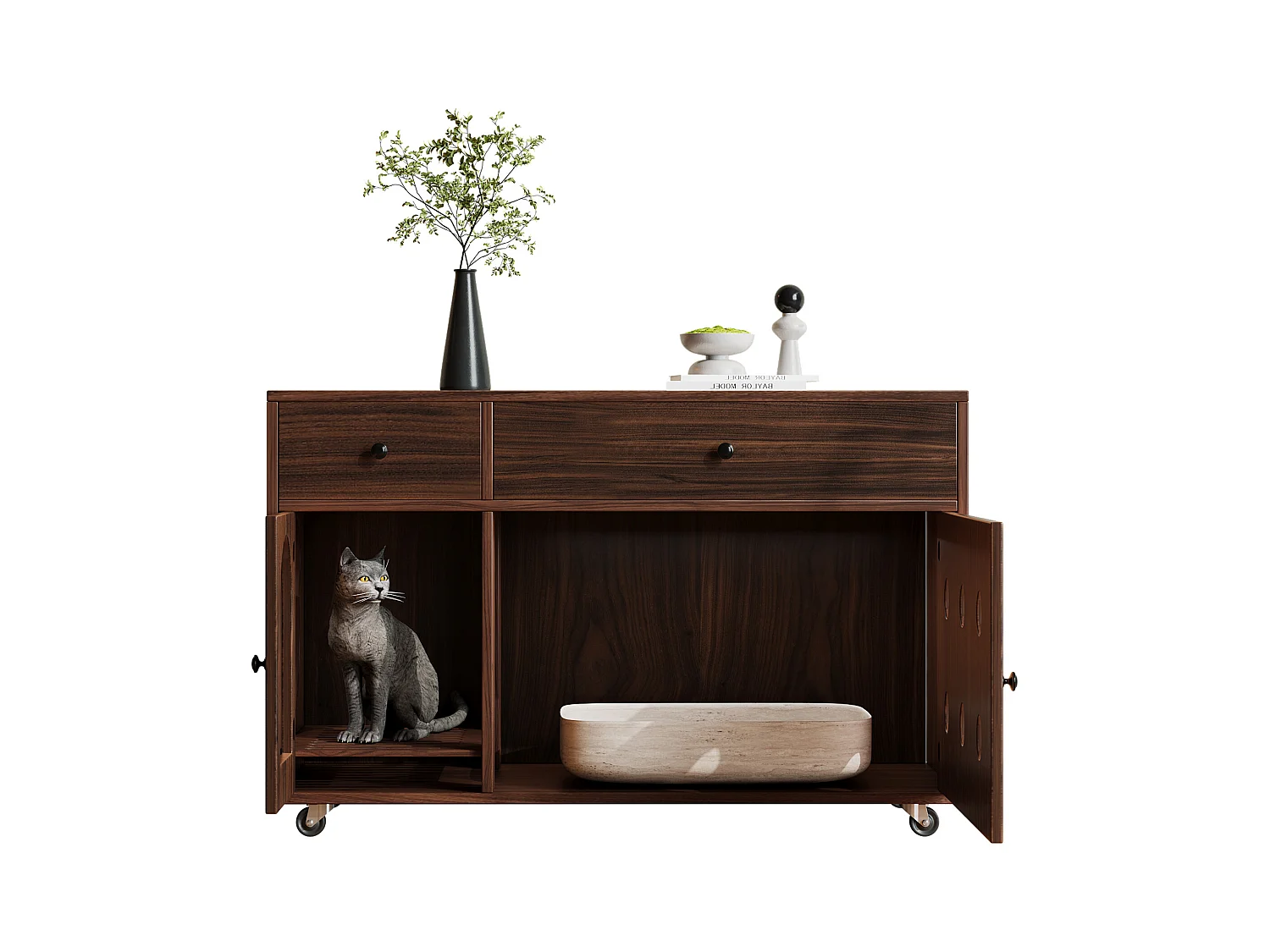 Buffet à roulettes - 100 x 45 x 66 cm - avec bac à sable amovible + isolation des odeurs - MDF - marron foncé