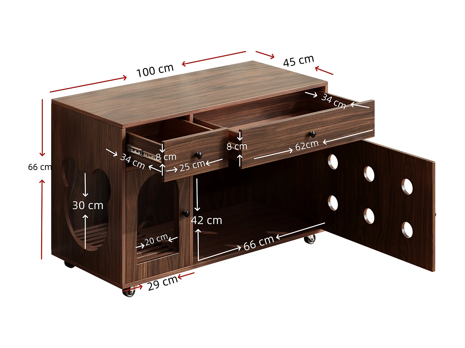 Buffet à roulettes - 100 x 45 x 66 cm - avec bac à sable amovible + isolation des odeurs - MDF - marron foncé
