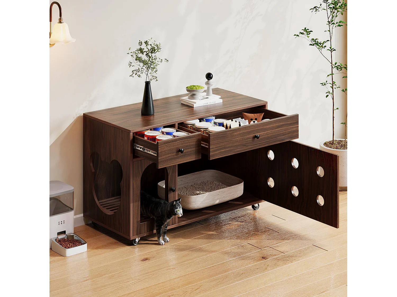 Dressoir op wielen - 100 x 45 x 66 cm - met uitneembare zandbak + geurisolatie - MDF - donkerbruin