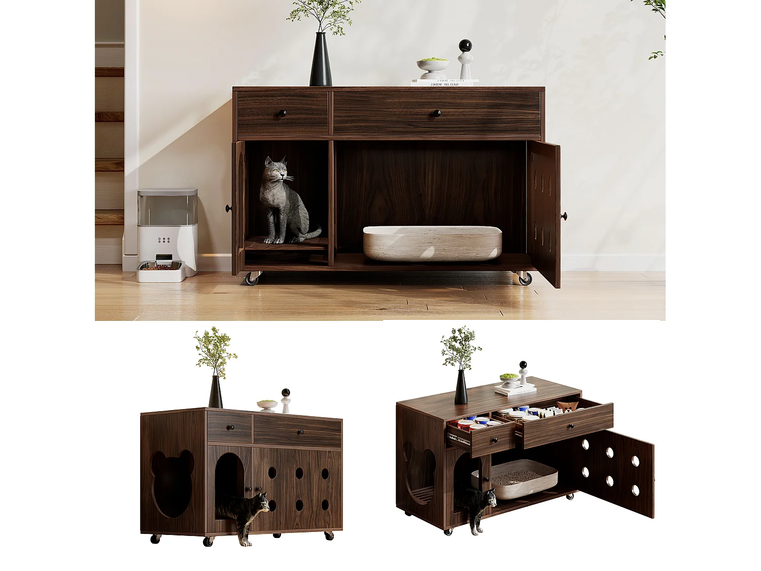 Dressoir op wielen - 100 x 45 x 66 cm - met uitneembare zandbak + geurisolatie - MDF - donkerbruin