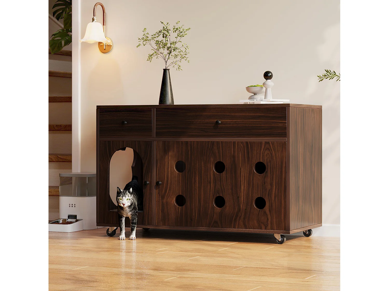 Dressoir op wielen - 100 x 45 x 66 cm - met uitneembare zandbak + geurisolatie - MDF - donkerbruin