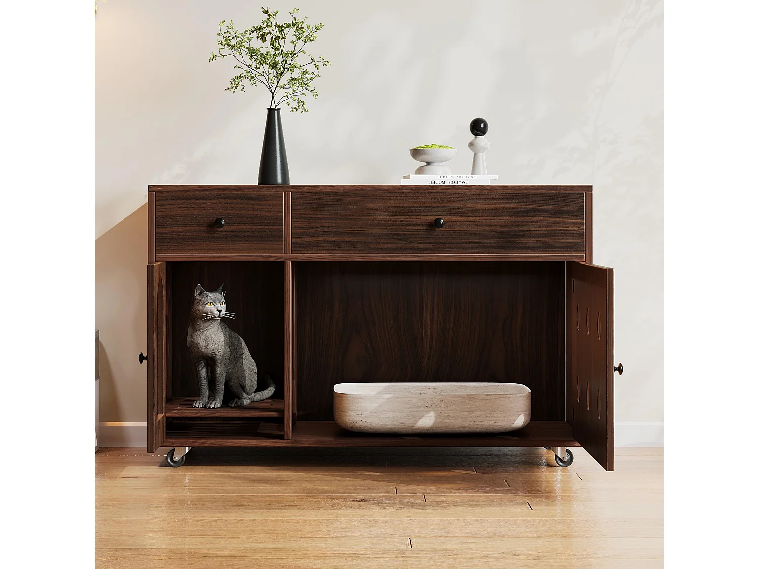 Dressoir op wielen - 100 x 45 x 66 cm - met uitneembare zandbak + geurisolatie - MDF - donkerbruin