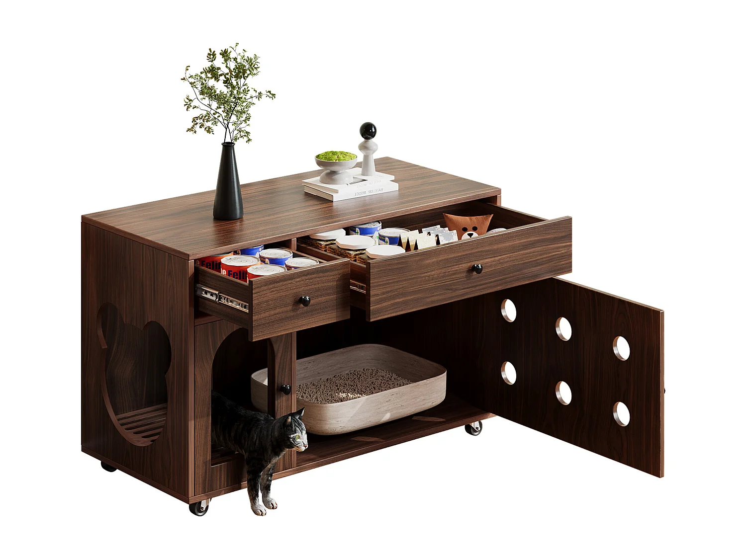 Dressoir op wielen - 100 x 45 x 66 cm - met uitneembare zandbak + geurisolatie - MDF - donkerbruin