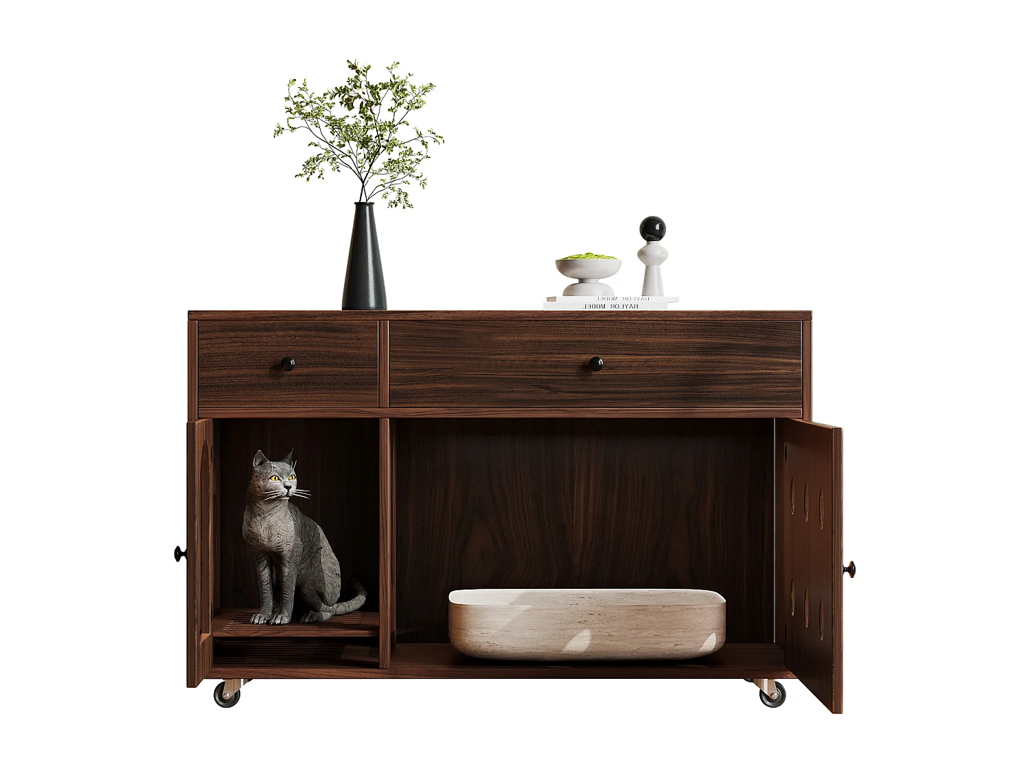 Dressoir op wielen - 100 x 45 x 66 cm - met uitneembare zandbak + geurisolatie - MDF - donkerbruin