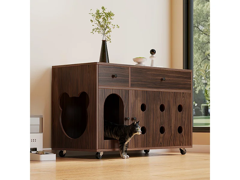 Dressoir op wielen - 100 x 45 x 66 cm - met uitneembare zandbak + geurisolatie - MDF - donkerbruin