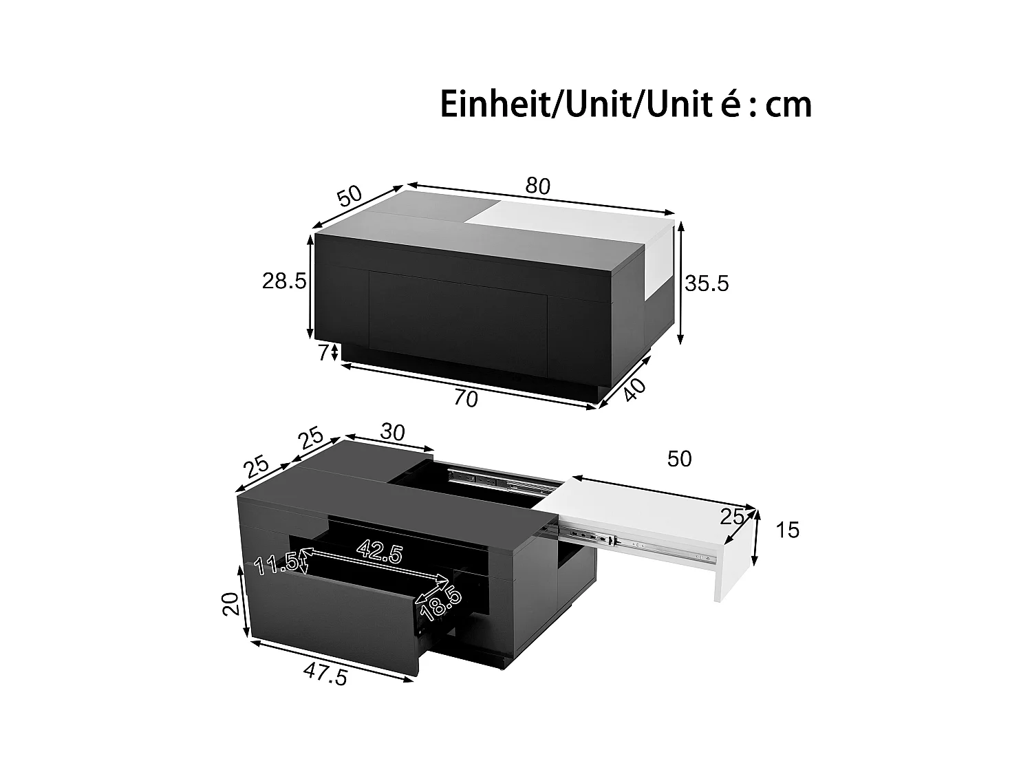 Table basse brillante - 80 x 50 x 35.5 cm - plateau extensible + 1 tiroir + Leds - MDF - noir