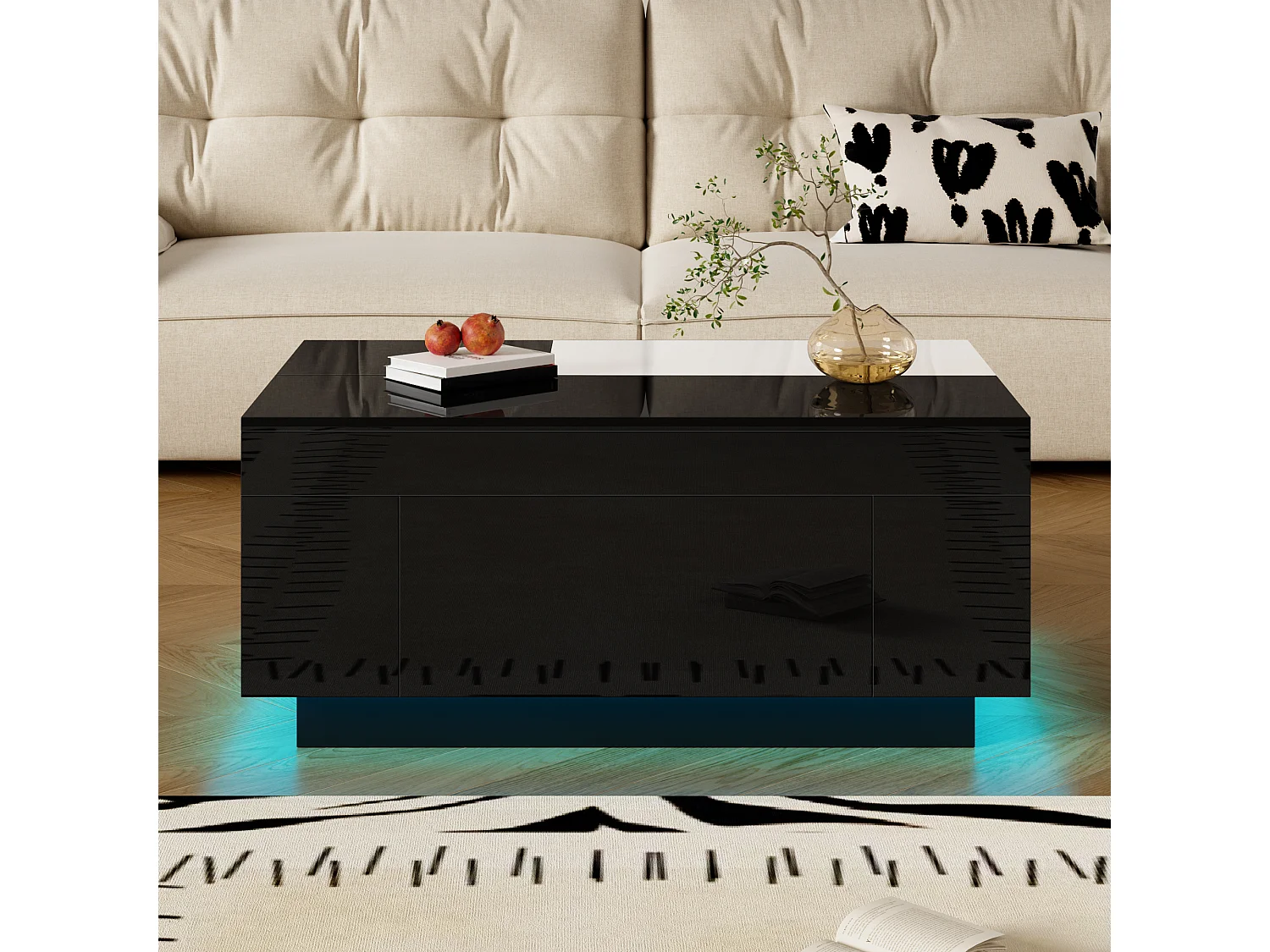 Tavolino da caffè lucido - 80 x 50 x 35,5 cm - piano estensibile + 1 cassetto + LED - MDF - nero