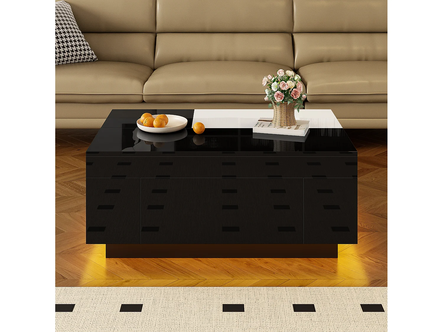 Tavolino da caffè lucido - 80 x 50 x 35,5 cm - piano estensibile + 1 cassetto + LED - MDF - nero