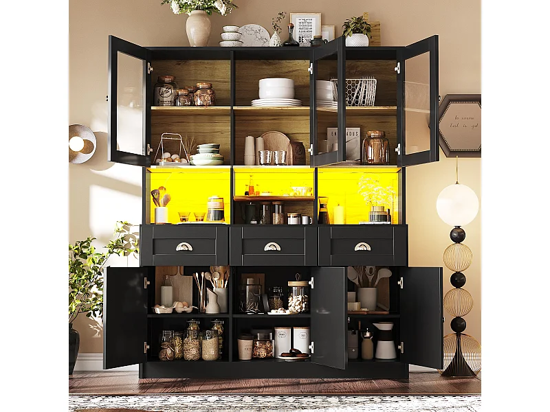 Buffet de cuisine haut - 140 x 40 x 175cm - avec portes + Leds + 3 tiroirss - MDF - noir