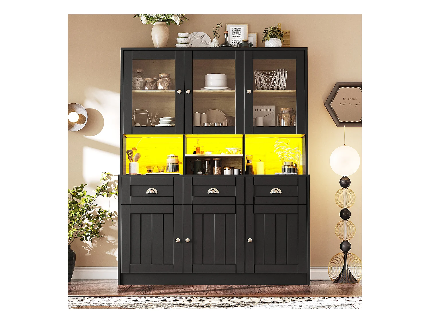 Buffet de cuisine haut - 140 x 40 x 175cm - avec portes + Leds + 3 tiroirss - MDF - noir