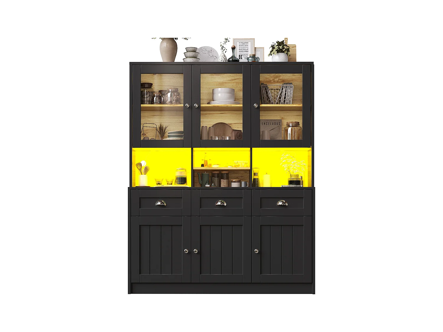 Buffet de cuisine haut - 140 x 40 x 175cm - avec portes + Leds + 3 tiroirss - MDF - noir