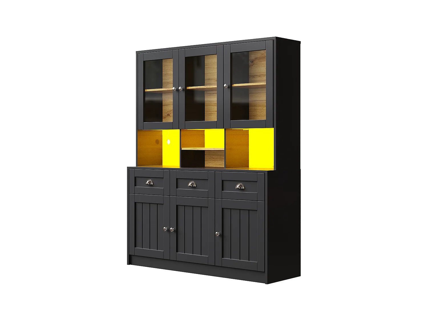 Buffet de cuisine haut - 140 x 40 x 175cm - avec portes + Leds + 3 tiroirss - MDF - noir