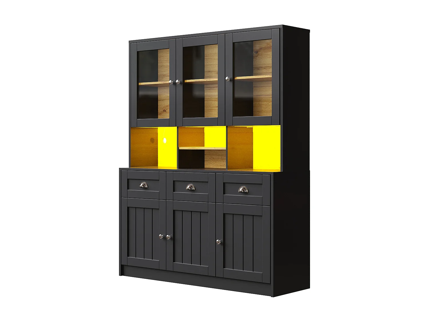 Wysoka komoda kuchenna - 140 x 40 x 175 cm - z drzwiami + diody LED + 3 szuflady - MDF - czarna