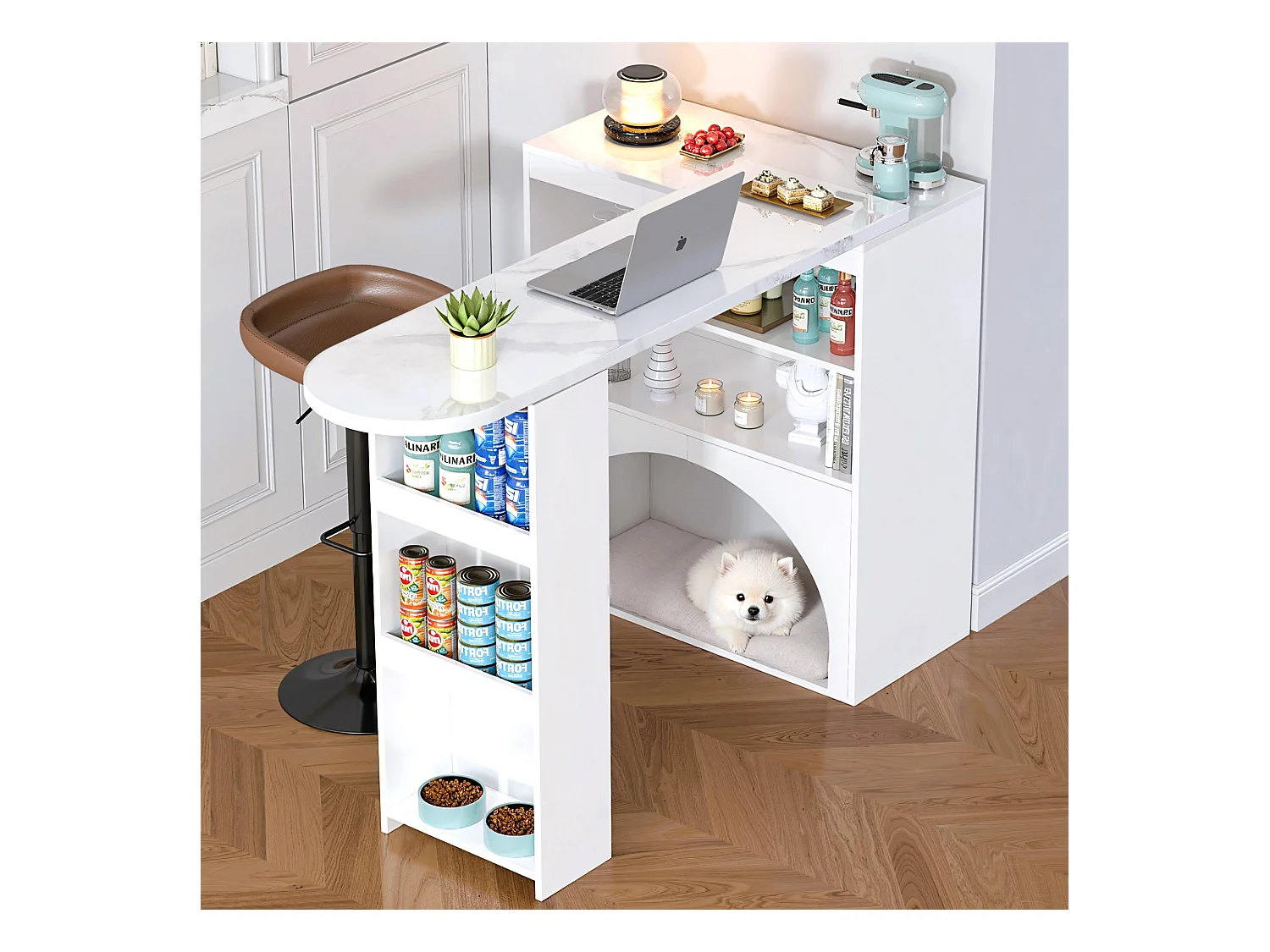 Meube de bar extensible - 120 x 40 x 100 cm - avec rangement + espace pour animaux - MDF - blanc