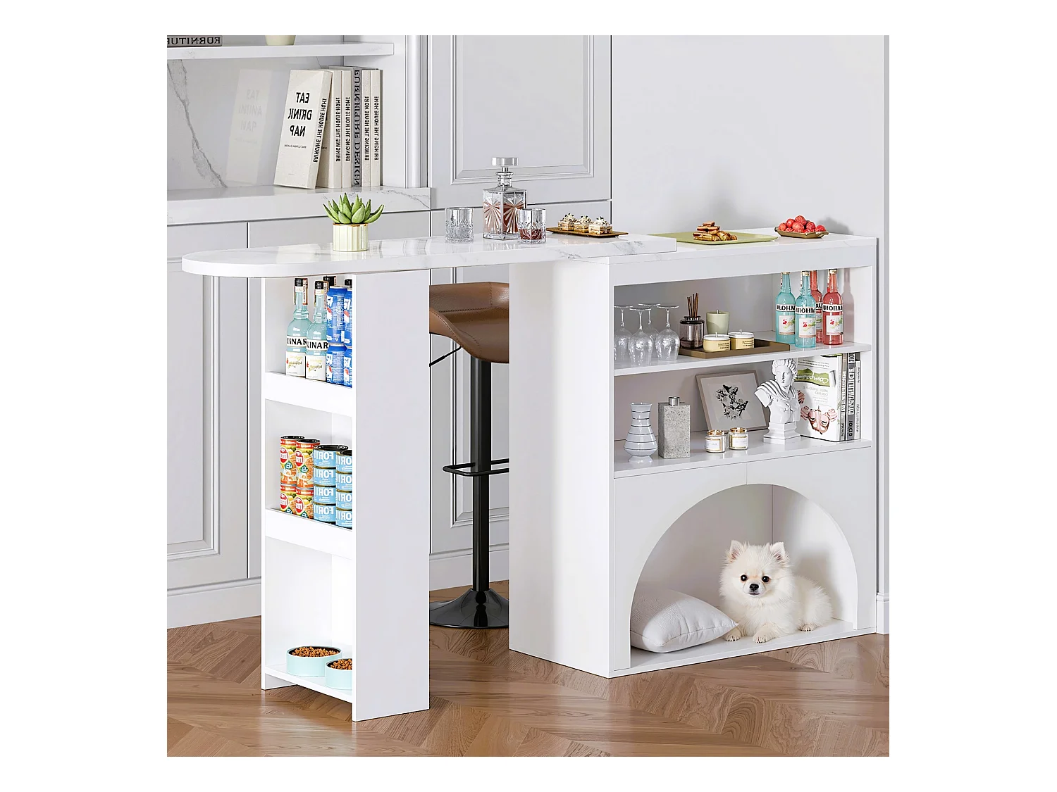 Meube de bar extensible - 120 x 40 x 100 cm - avec rangement + espace pour animaux - MDF - blanc