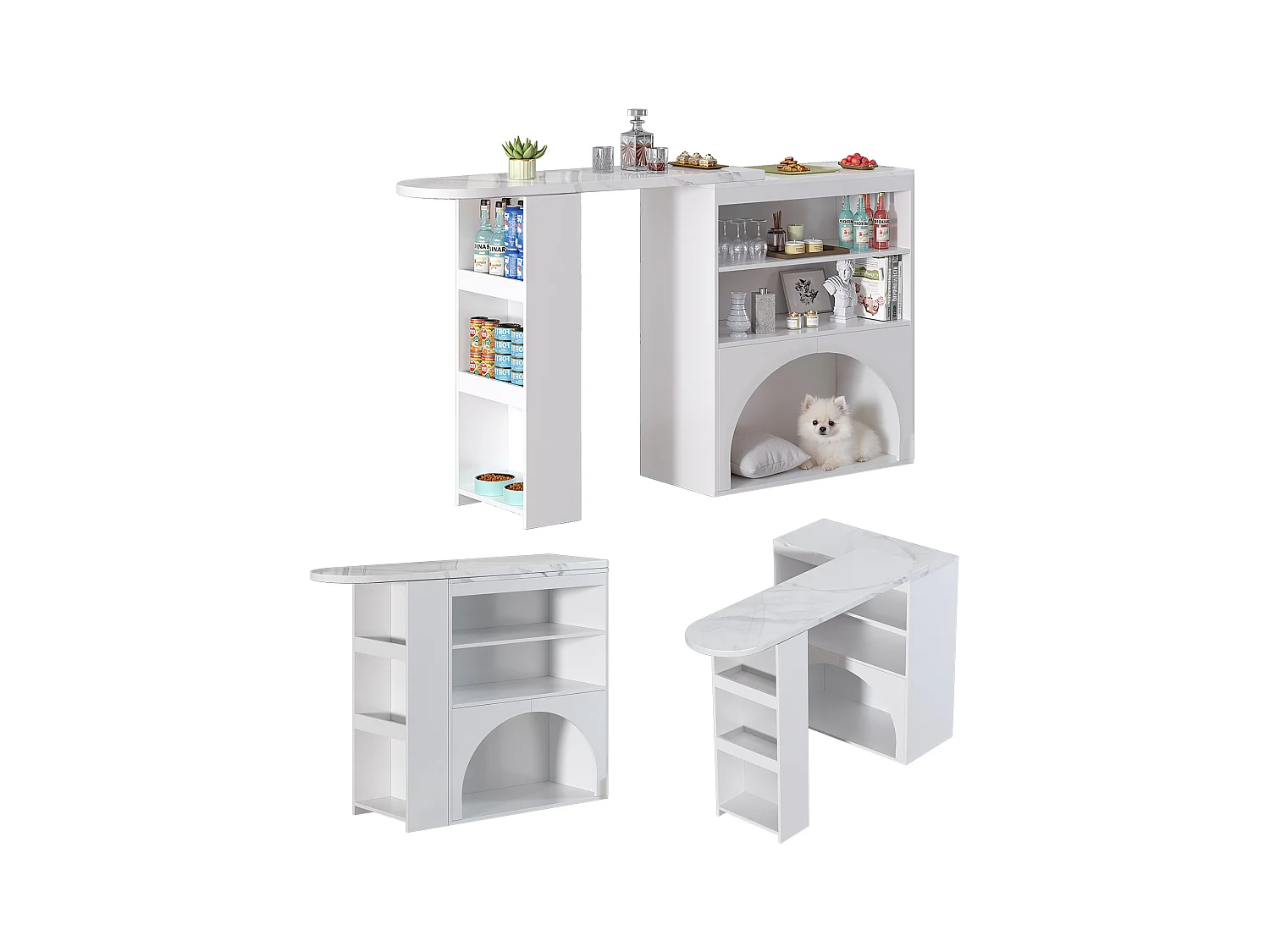 Meube de bar extensible - 120 x 40 x 100 cm - avec rangement + espace pour animaux - MDF - blanc