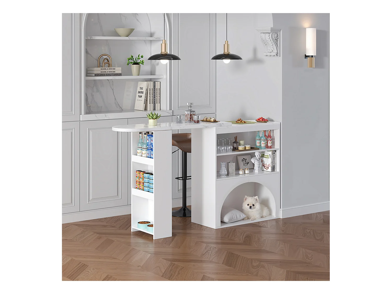 Meube de bar extensible - 120 x 40 x 100 cm - avec rangement + espace pour animaux - MDF - blanc