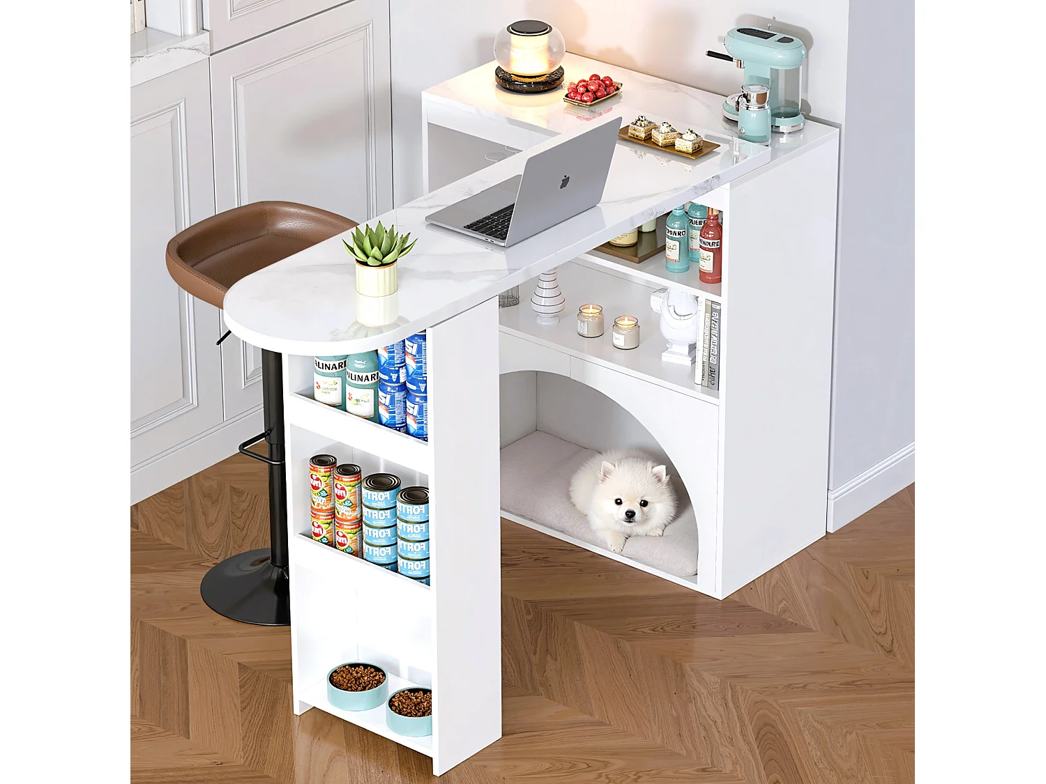 Ausziehbarer Barschrank - 120 x 40 x 100 cm - mit Stauraum + Platz für Haustiere - MDF - weiß