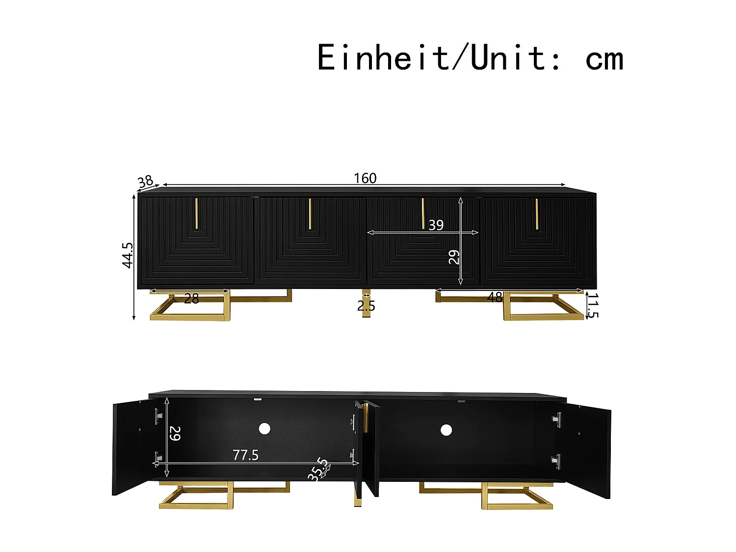 Mueble de TV con 4 puertas texturizadas - 160 x 38 x 44,5 cm - tiradores y patas dorados - aglomerado - negro
