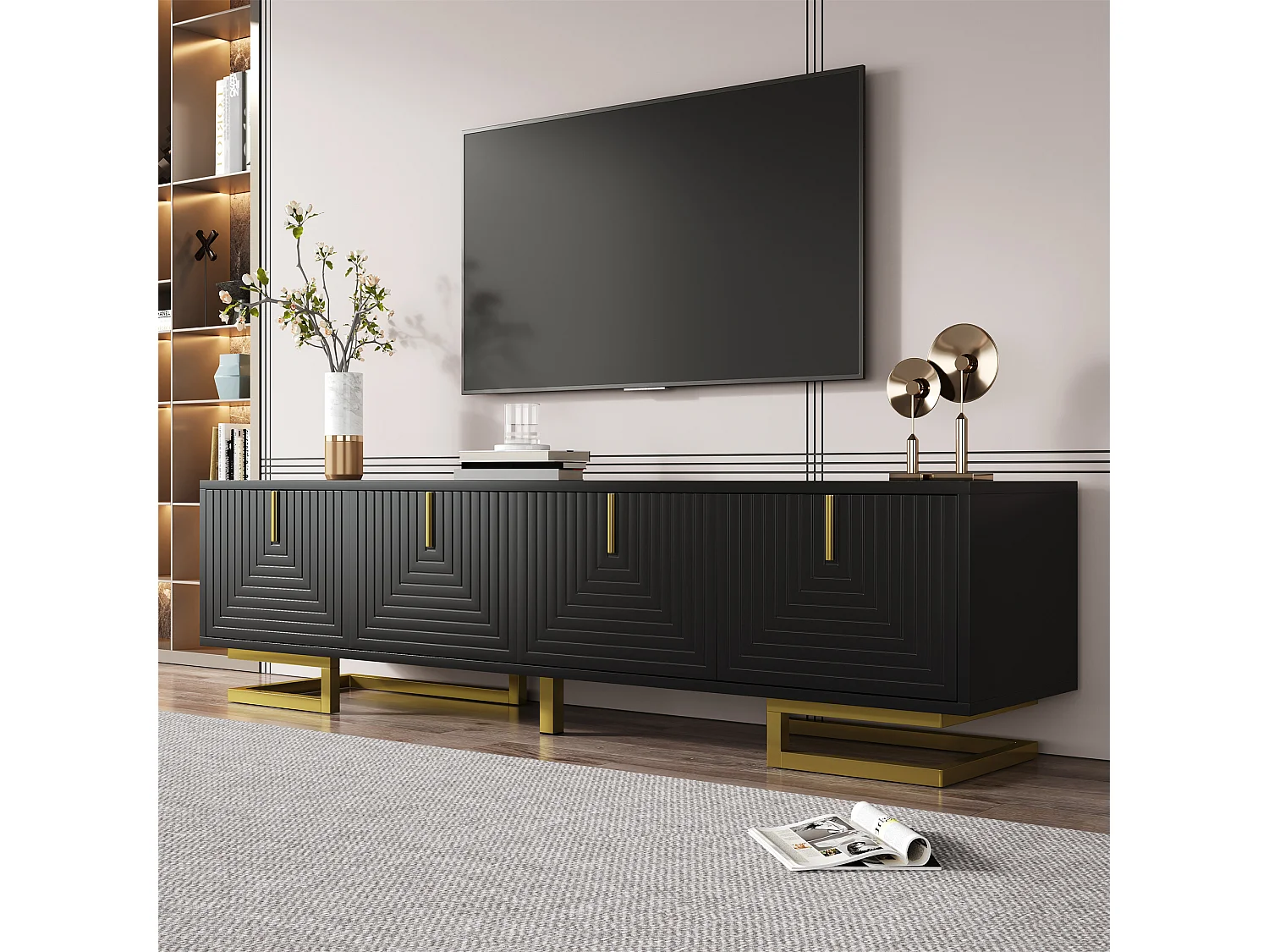 Mueble de TV con 4 puertas texturizadas - 160 x 38 x 44,5 cm - tiradores y patas dorados - aglomerado - negro