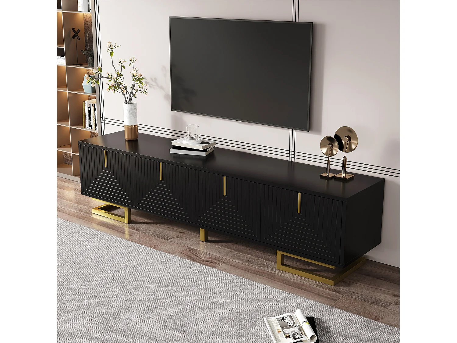 Mueble de TV con 4 puertas texturizadas - 160 x 38 x 44,5 cm - tiradores y patas dorados - aglomerado - negro